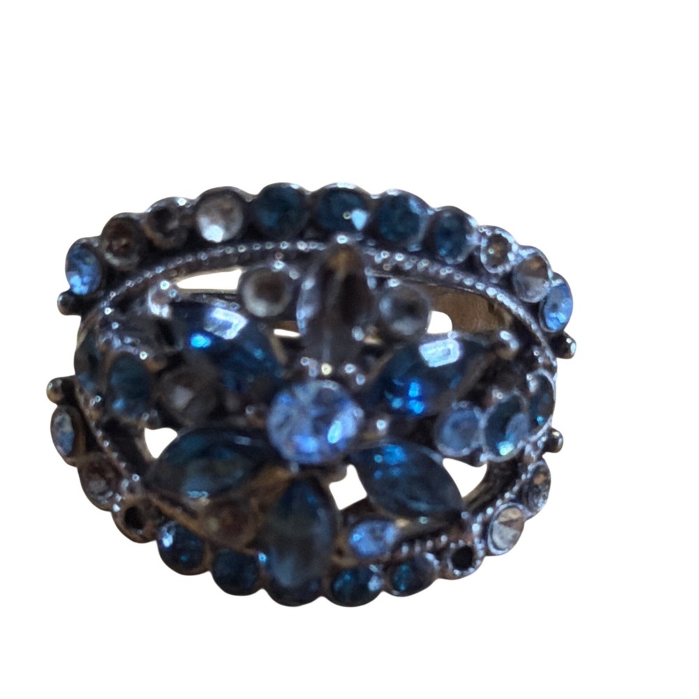 Blue Rhinestone Floral Cluster Cocktail Stretch Ring Gunmetal Statement Gift